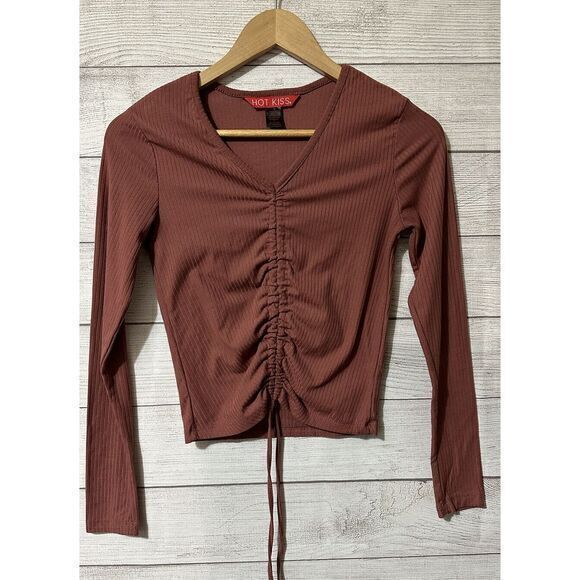 Hot Kiss Womens Ribbed Long Sleeve  Size Small Tie‎ V Neck Top Pullover - Picture 1 of 6
